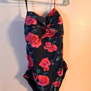 Floral Twist-Front One-Piece Swimsuit - Black with Pink Rose Print
